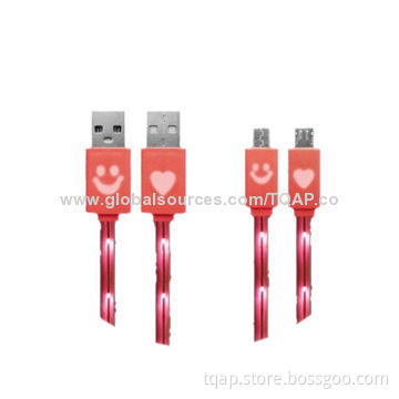 USB Cable with Heart-shaped or Smile Flash LED Light (Single Fiber Wire), 1.0m Length